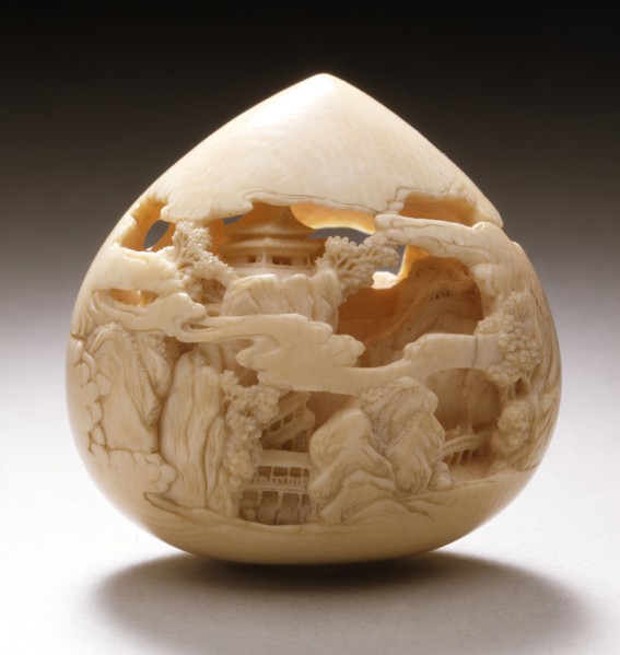 Buddhist Jewel of Wisdom Carved with Mountain Pavilions, Mid- to late 19th century. Creator: Kaigyokusai Masatsugu.