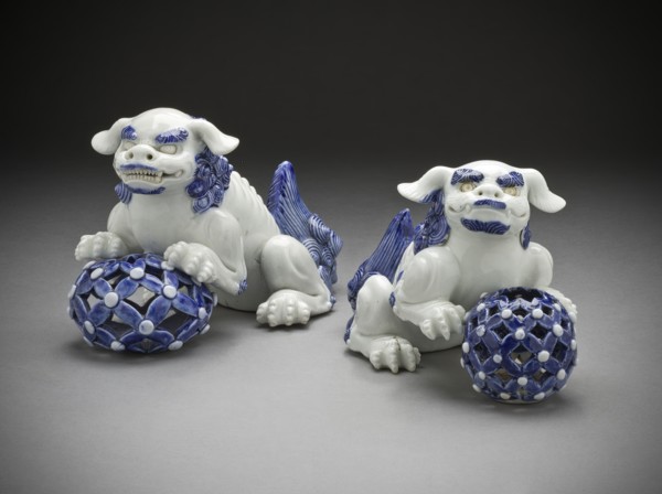 Pair of Okimono in the Form of Chinese Lions on Pierced Balls, 19th century. Creator: Unknown.