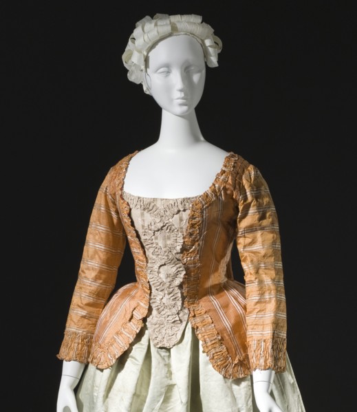 Woman's striped silk sack-back jacket (caraco), Europe, c.1760, altered c.1780. Petticoat: c.1785. Creator: Unknown.