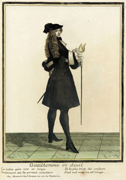 Recueil des modes de la cour de France, 'Gentilhomme en Deuil', Bound 1703-1704. Creators: Henri Bonnart, Jean-Baptiste Bonnart.