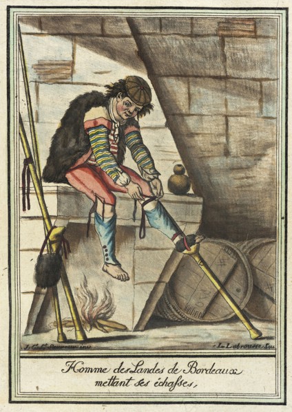 Costumes de Différent Pays, 'Homme des Landes de Bordeaux Mettant ses Échasses', c1797. Creators: Jacques Grasset de Saint-Sauveur, LF Labrousse.