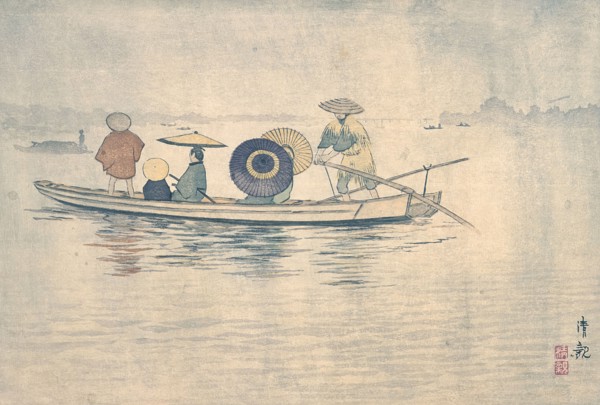 Spring Rain near the Great Riverbank: A Crossing Ferry Boat, c1884. Creator: Kobayashi Kiyochika.