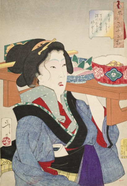 Looking Weighed Down: The Manner of a Waitress at Fukagawa in the Tenpo Era..., 1888. Creator: Tsukioka Yoshitoshi.