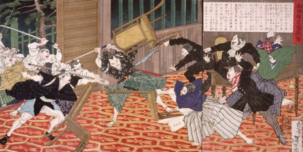 A Picture of the News from Kagoshima: Attack at School, 1877. Creator: Tsukioka Yoshitoshi.