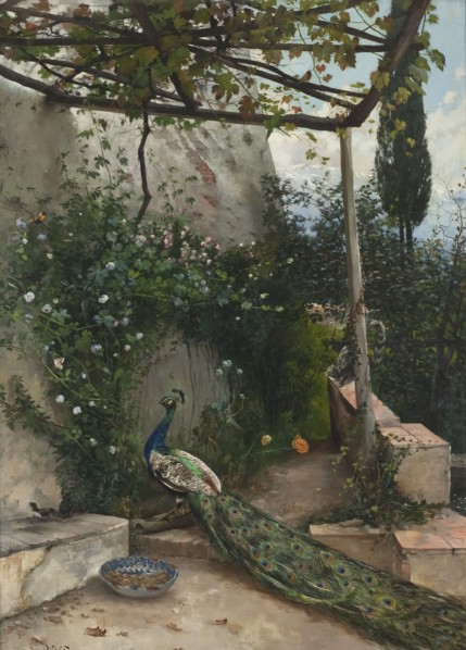 Terrace with Peacock, the Alhambra, 1884. Creator: Hugo Birger.