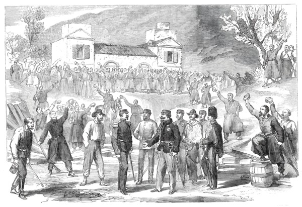 The first visit of Victor Emmanuel to the camp of the national army at St. Angelo..., 1860. Creator: Unknown.