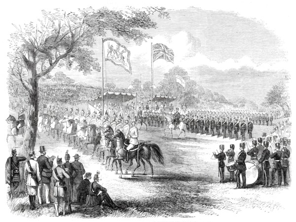 The 1st Lancashire Mounted Rifles and the Artillery Brigade marching past, 1860. Creator: Unknown.