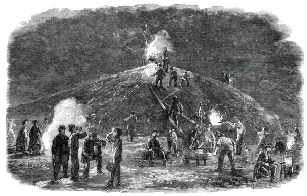 The Deptford Rifle Corps (34th Kent) forming earthworks for their shooting-ground by torchlight,1860 Creator: Unknown.