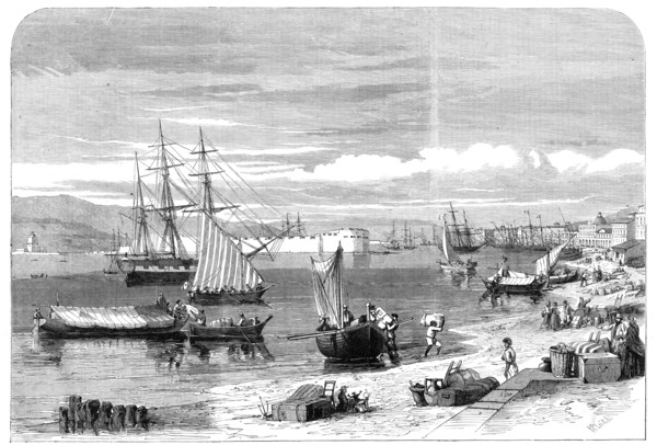 The Revolution in Sicily - the people relanding with their chattels at Messina..., 1860. Creator: Richard Principal Leitch.