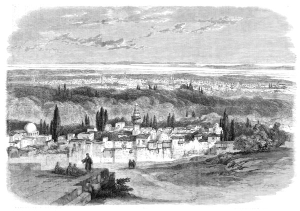 View of Damascus from the Hill of Salahiyeh - from a drawing by E. Harker, 1860. Creator: Smyth.