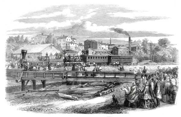 Arrival of the first train of the Atlantic and Great Western Railroad at James Town..., 1860. Creator: Unknown.