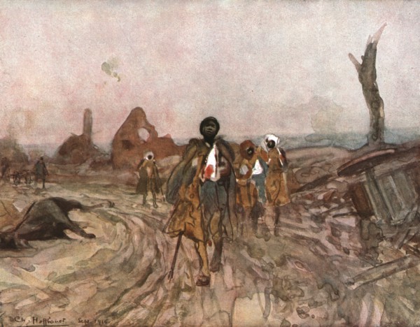 'Six Mois Dans la Somme; Senegalais blesses, sur la route d'Assevillers (septembre 1916)', 1916. Creator: Charles Hoffbauer.