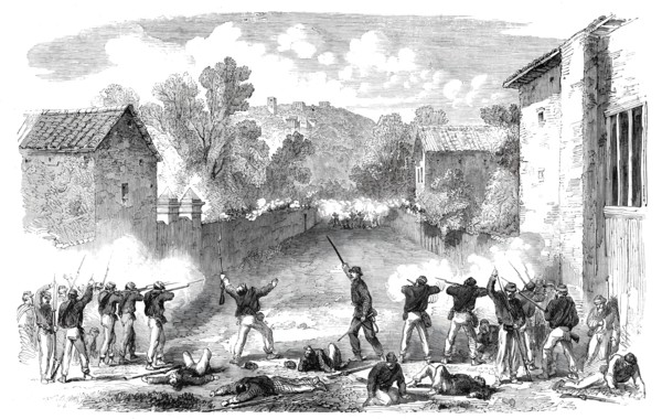The Revolution in Sicily - Sicilian skirmishers attacking the advanced posts of the..., 1860. Creator: Unknown.