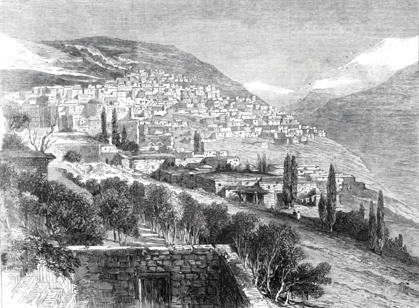 Deir-el-Kamr, on the southern side of Mount Lebanon, lately destroyed by the Druses, 1860. Creator: Unknown.