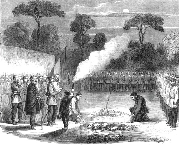 The funeral of Ensign Tucker of the British Legion, at the advanced posts before Capua..., 1860. Creator: Unknown.