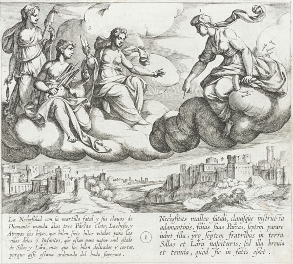 Necessity Commands Her Daughters, the Fates, to Weave Short and Frail Life Threads..., 1612. Creator: Antonio Tempesta.