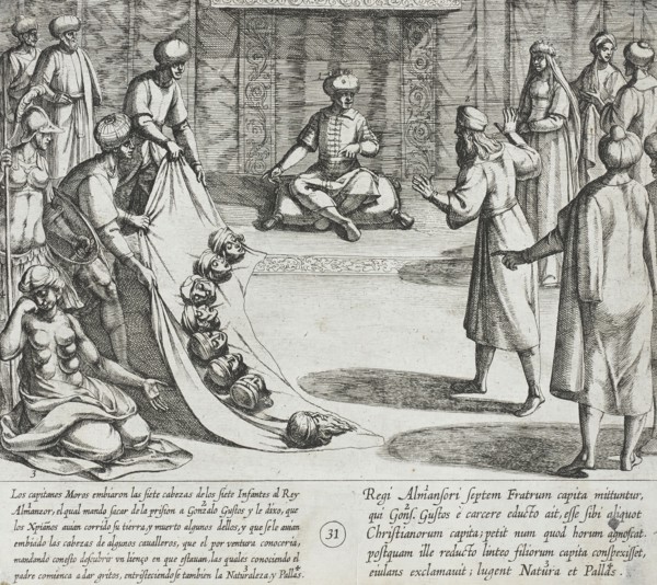 In the Presence of Almanzor, Gonzalo Gustos Identifies the Severed Heads of His Sons, 1612. Creator: Antonio Tempesta.