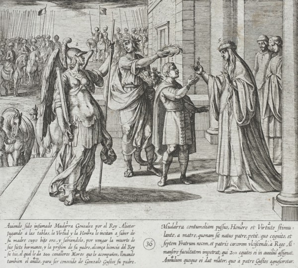 Mudarra Takes Leave of His Mother and Sets Out to Find His Father, 1612. Creator: Antonio Tempesta.
