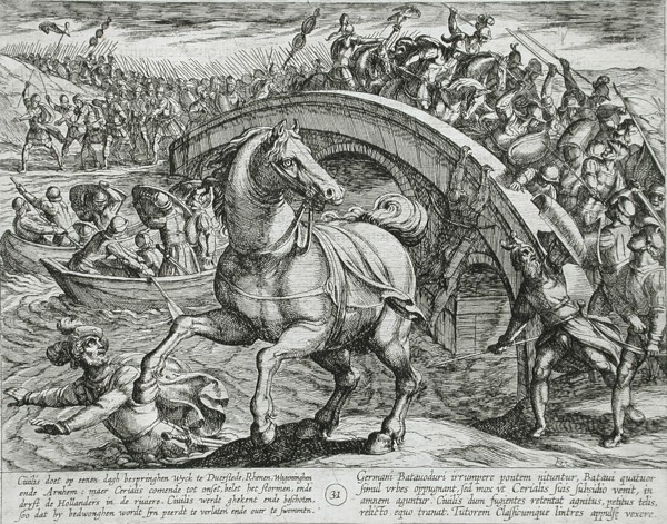 Civilis Forced to Dismount and Swim Across the River, Publshed 1612. Creator: Antonio Tempesta.