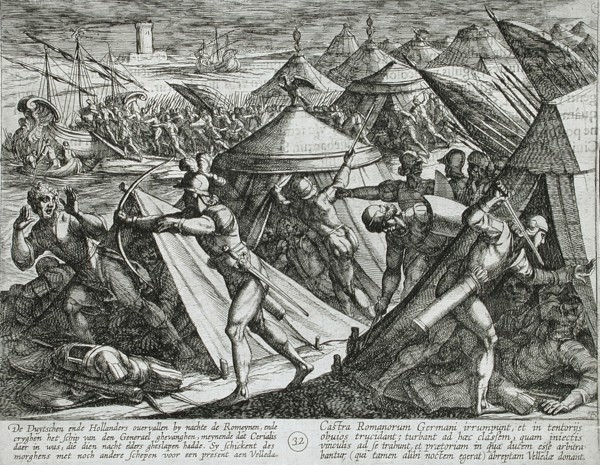 Dutch and Germans Attack the Roman Camp and Capture Cerialis' Boat, Publshed 1612. Creator: Antonio Tempesta.