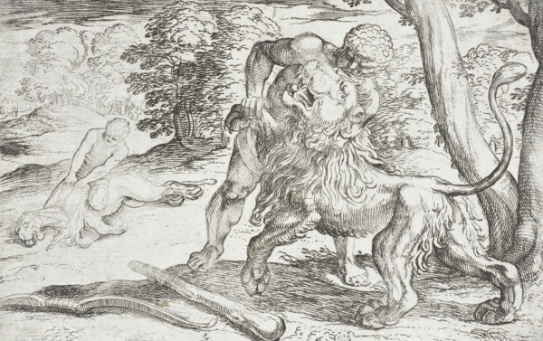 Hercules and the Nemean Lion, 1608. Creators: Antonio Tempesta, Nicolaus van Aelst.