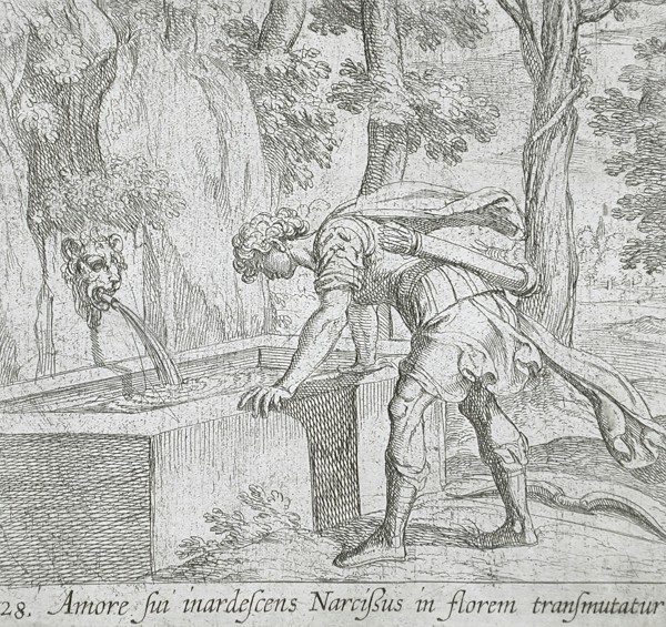 Narcissus at the Well, published 1606. Creators: Antonio Tempesta, Wilhelm Janson.