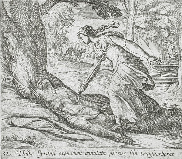 Thisbe Killing Herself, published 1606. Creators: Antonio Tempesta, Wilhelm Janson.