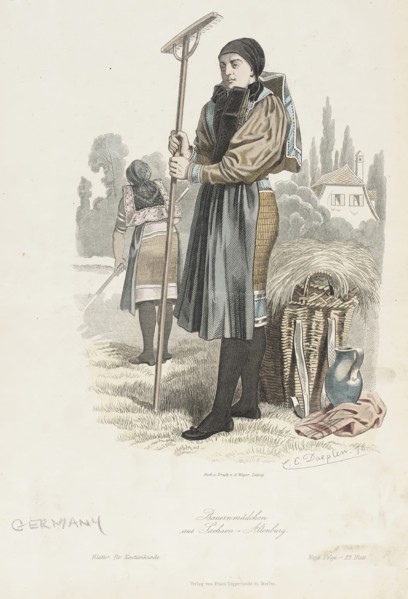 Costume Plate (Bauernmadchen aus Lachsen), 1876. Creators: Carl Emil Doepler, August Weger.