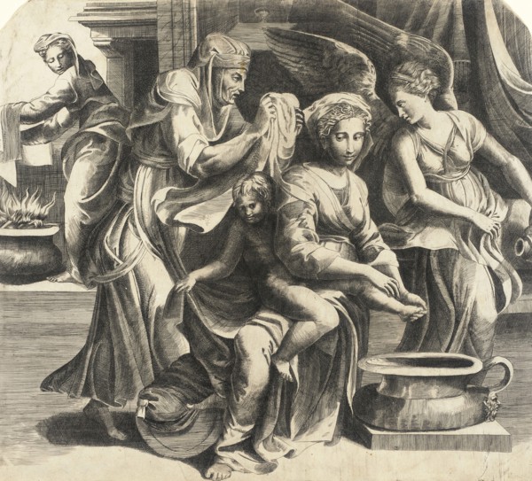 The Holy Family with the Virgin Bathing the Christ Child, between circa 1550 and circa 1560. Creator: Giulio Bonasone.