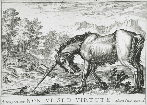 A Unicorn Chasing Lizards from a Pond, 1610. Creator: Hendrick Hondius I.