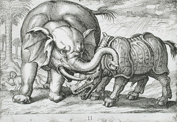A Rhinoceros Fighting an Elephant, 1610. Creator: Hendrick Hondius I.