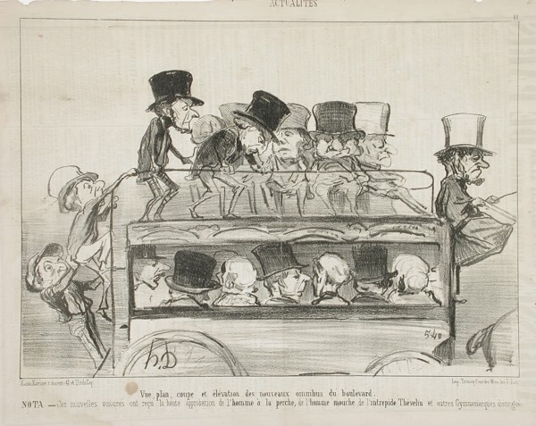 Vue plan coupé et elévation des nouveau omnibus du boulevard, 1853. Creator: Honore Daumier.