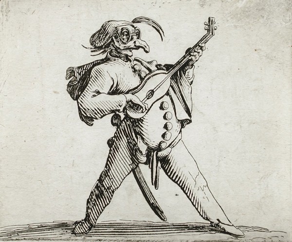 A Mashed Actor Playing the Guitar, 1616. Creator: Jacques Callot.