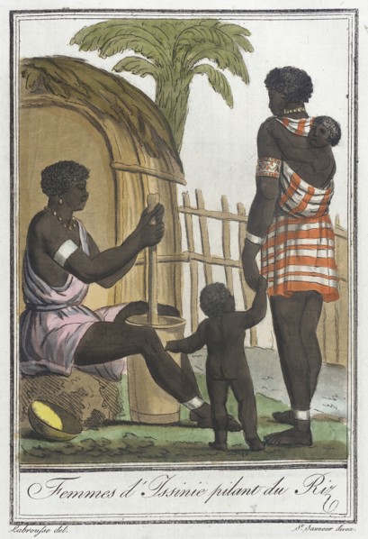 Costumes de Différents Pays, 'Femmes d'Issinie Pilant du Riz', c1797. Creators: Jacques Grasset de Saint-Sauveur, LF Labrousse.
