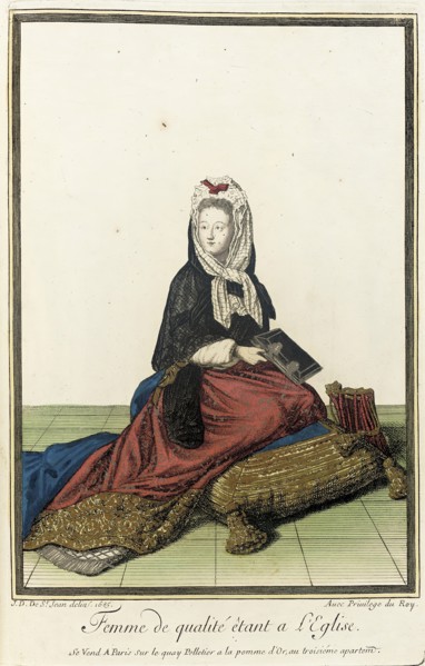 Recueil des modes de la cour de France, 'Femme de Qualité Êtant a L'Eglise', 1685. Creator: Jean de Dieu.