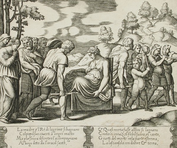 Psyche carried on a litter being taken to a mountain, between 1520 and 1535. Creator: Master of the Die.