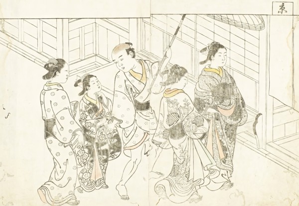 Courtesans on Procession from Ehon tokiwagusa (Eternal Flowers, A Picture Book.), 1730. Creator: Nishikawa Sukenobu.