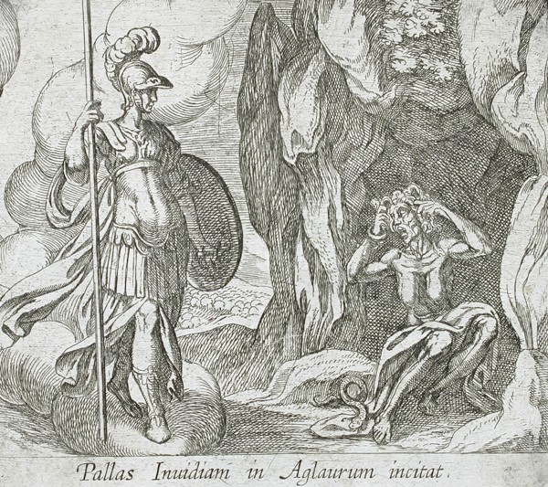 Minerva at Envy's Cave, published 1606. Creators: Antonio Tempesta, Wilhelm Janson.