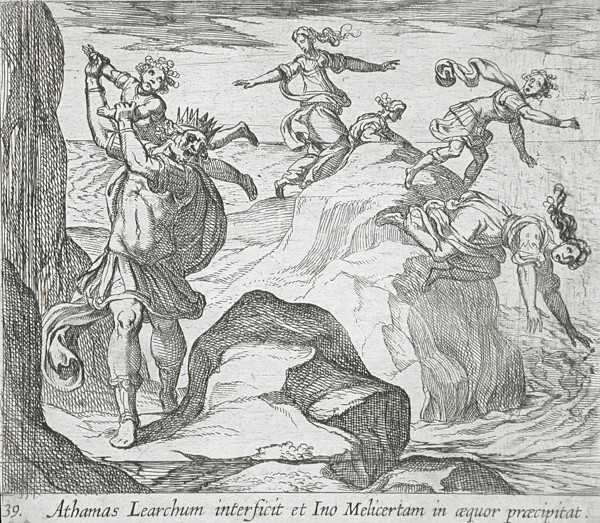 The Insane Athamas Killing Learchus, While Ino and Melicertes Jump into the Sea, published 1606. Creators: Antonio Tempesta, Wilhelm Janson.