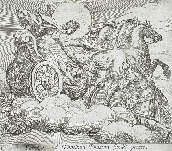 Phaeton Before Apollo, published 1606. Creators: Antonio Tempesta, Wilhelm Janson.