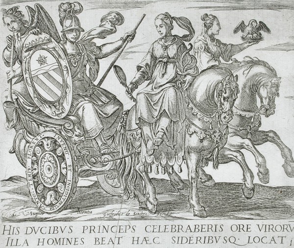 Frontispiece with Minerva in a Chariot Driven by Prudence and Charity (Horses of Different...), 1590 Creator: Antonio Tempesta.