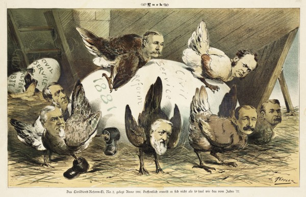 Cartoon from Puck, between 1880 and 1889. Creator: Bernhard Gillam.