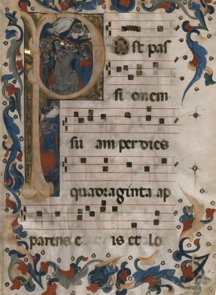 Folio from an Antiphonary with Initial P Containing 'The Ascension of Christ', c1365. Creator: Niccolo di Giacomo da Bologna.