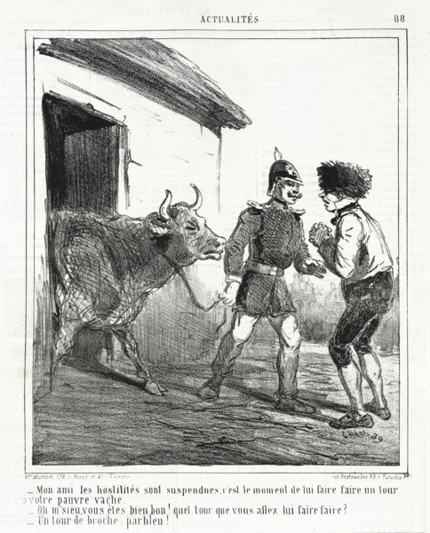 Mon ami, les hostilités sont suspendues, c'est le moment de lui faire faire un tour à votre..., 1865 Creator: Cham.