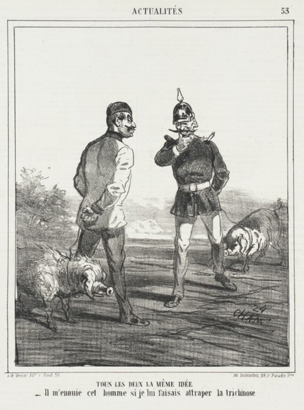 Tous les deux la même idée. -Il m'ennuie cet homme se je lui faisais attraper la trichinose?, 1866. Creator: Cham.