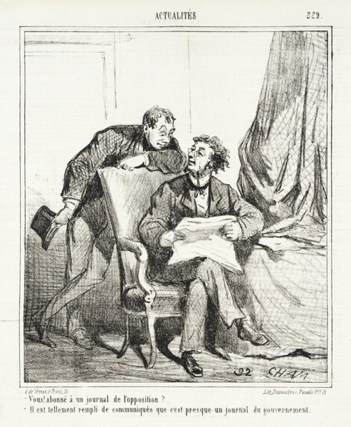 Vous! Abonné à un journal de l'opposition? -Il est tellement rempli de communiques que..., 1867. Creator: Cham.