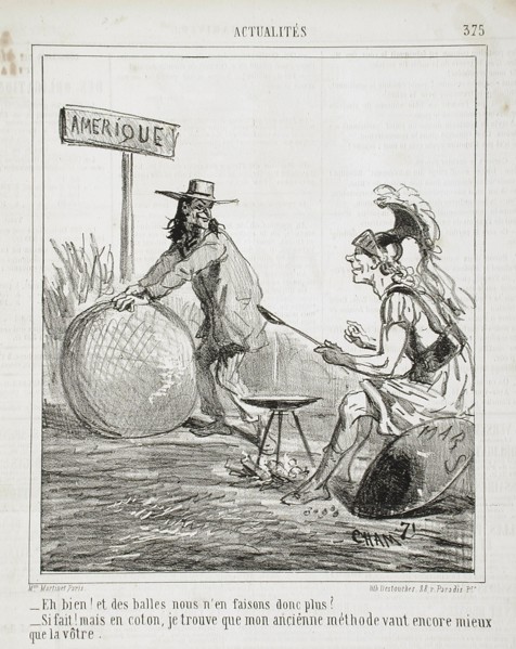 Eh bien! Et des balles nous n'en faisons donc plus? Si fait! mais en coton, je trouve que..., 1865. Creator: Cham.