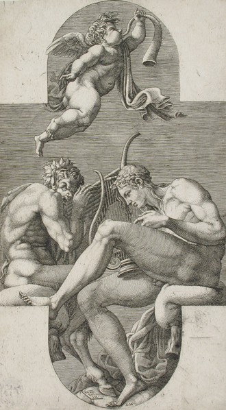 Apollo, Pan and a Putto Blowing a Horn, 1560s. Creator: Giorgio Ghisi.