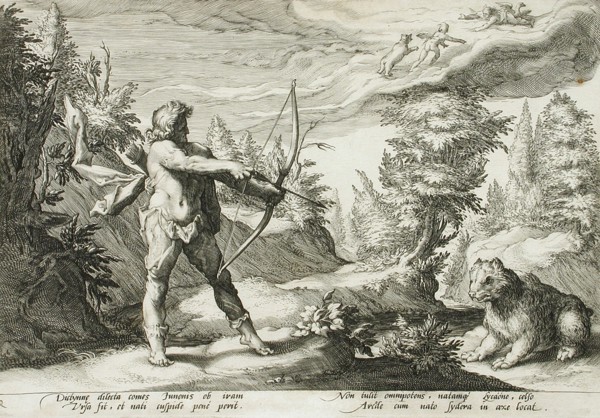 Arcas Preparing to Kill his Mother, Changed into a Bear, published 1590. Creator: Hendrik Goltzius.