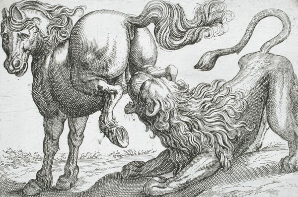 A Horse Kicking a Lion, 1610. Creator: Hendrick Hondius I.